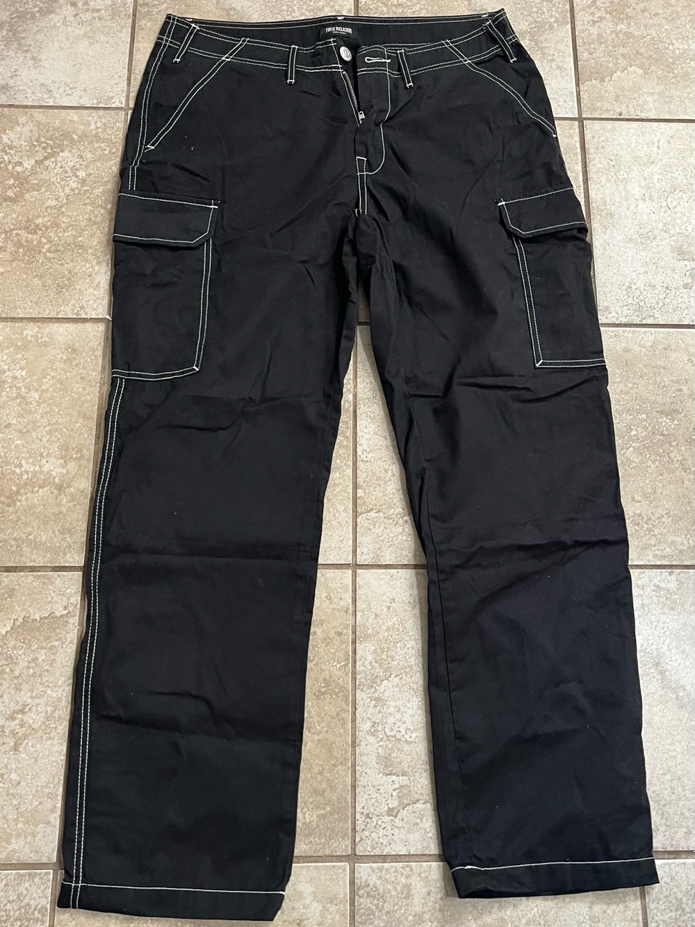 True Religion Black Cargo Pants with White Contrast Stitching